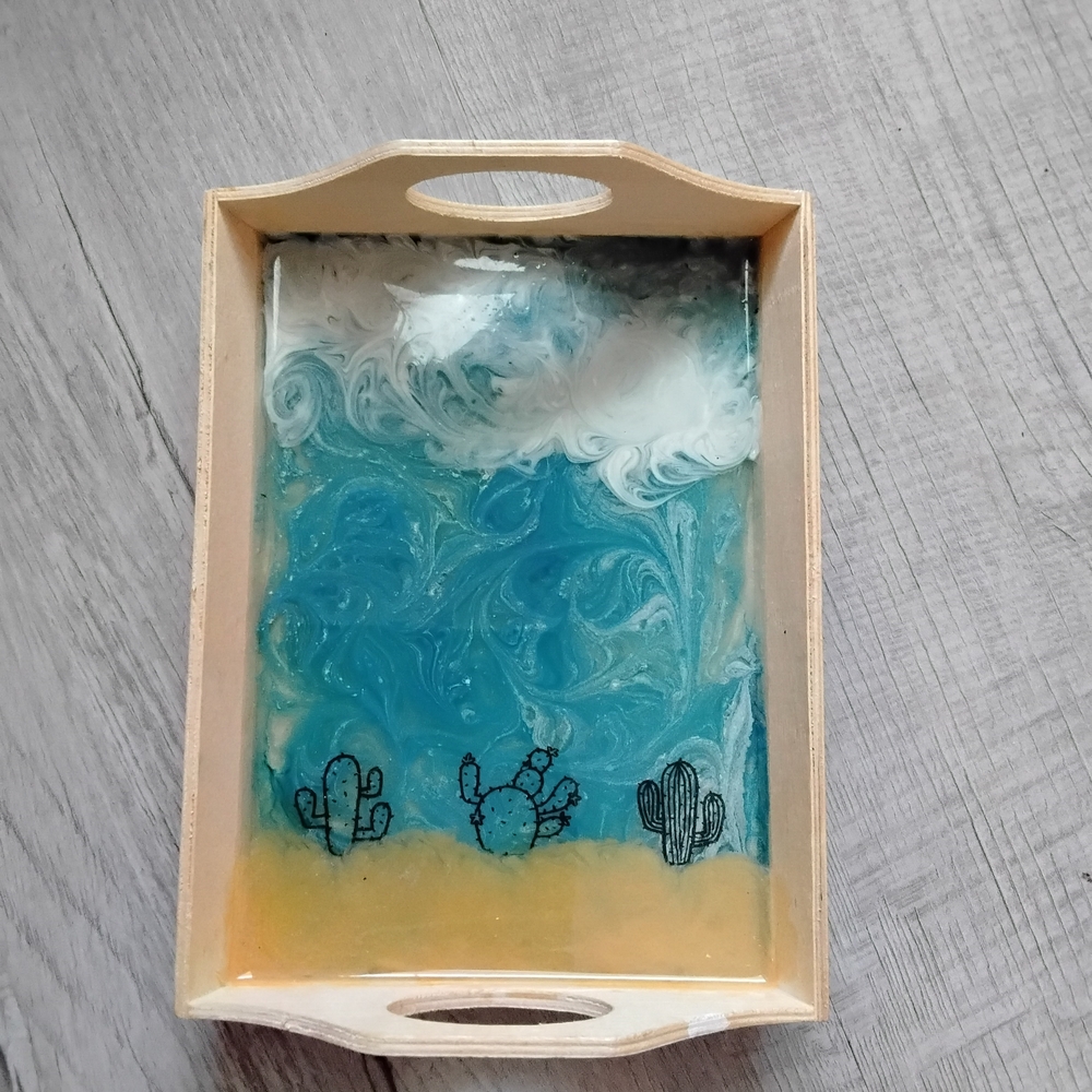 Hand Crafted Artistic Tray with Blue and White Swirls